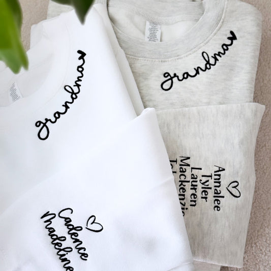 Personalized Neckline Embroidery | Mama, Grandma, Nani, Dadi Crewneck 🤍
