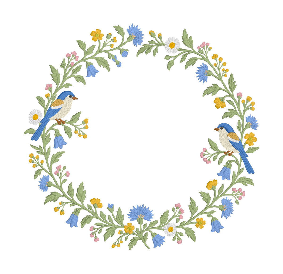 Blue bird floral wreath machine embroidery design