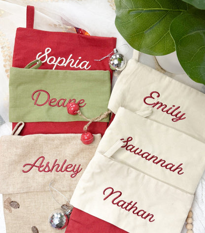 Personalized Christmas stockings in several fabrics