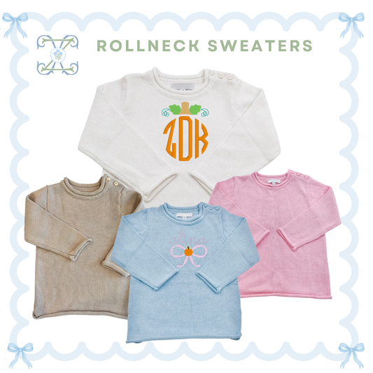 Personalized fall roll-neck kids sweaters in white, brown, blue, and pink