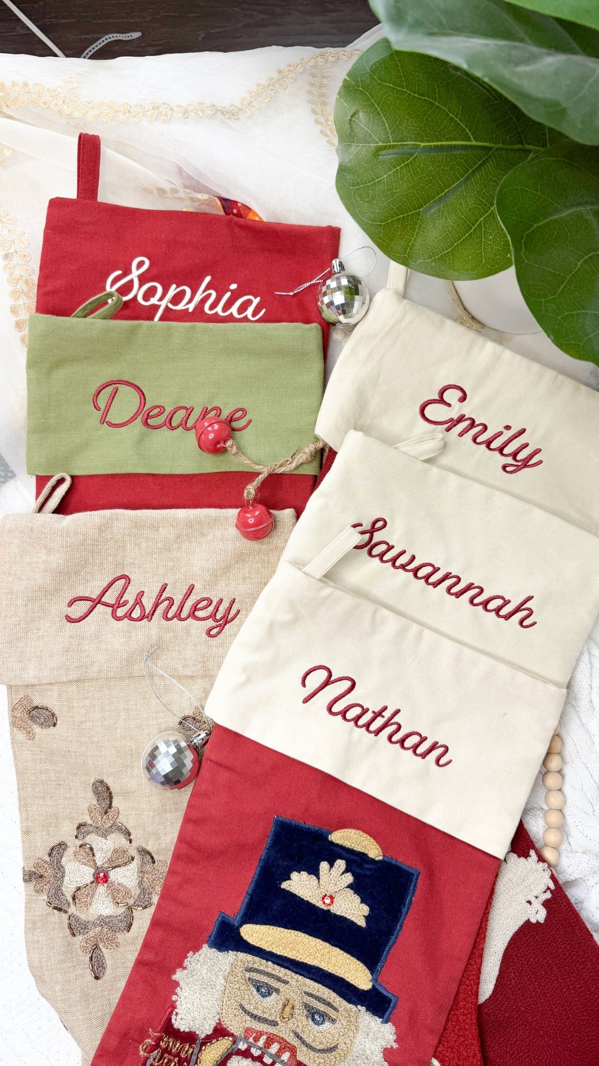 Assortment of personalized embroidered Christmas stockings