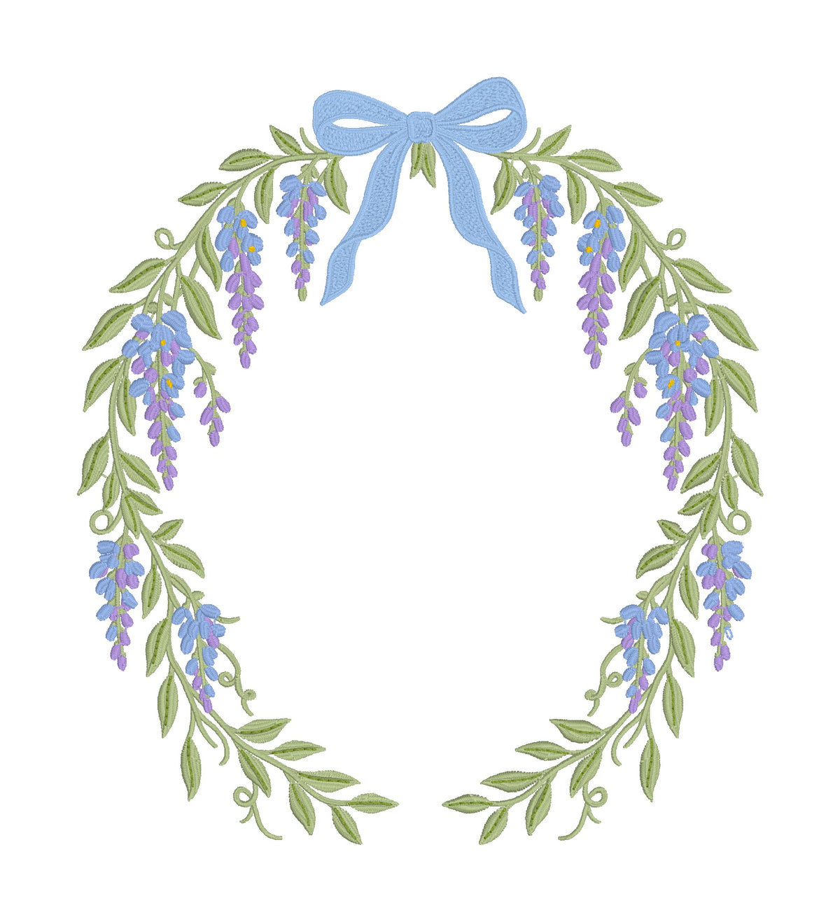 Blue and purple wisteria floral wreath with a blue bow machine embroidery design